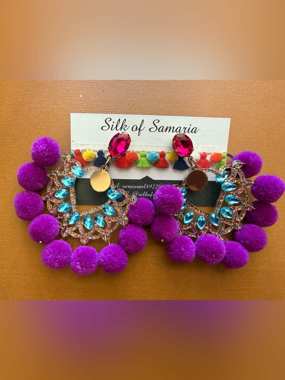 Purple Pom-Pom & Gemstone Earrings